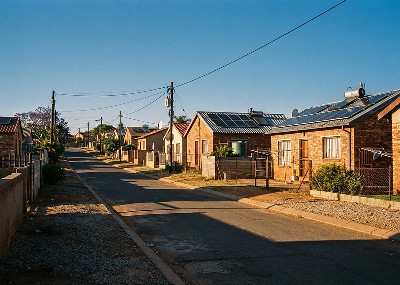 Township street in Mamelodi with solar panels fitted to house roofs