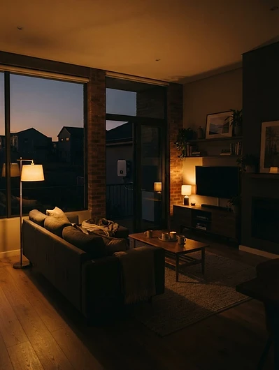 Warm residential interior powered by solar backup at dusk