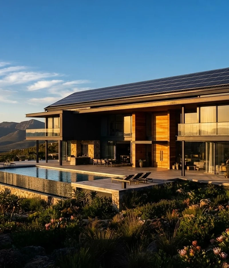 Modern Gauteng home with rooftop solar array at golden hour