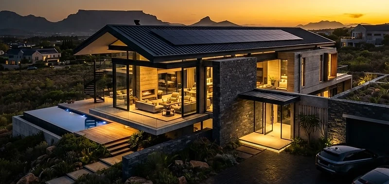 Modern Rustenburg estate home with solar panels integrated into the roof at golden hour