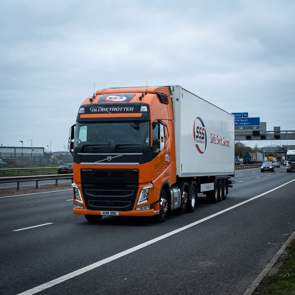 SSS Trading Transport orange Volvo Globetrotter on UK motorway highway