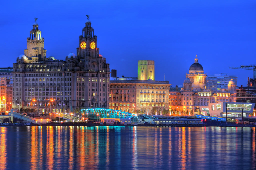 The iconic Liverpool waterfront at the Pier Head, with the Royal Liver Building