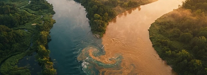 Aerial view of a river confluence where two rivers merge into one