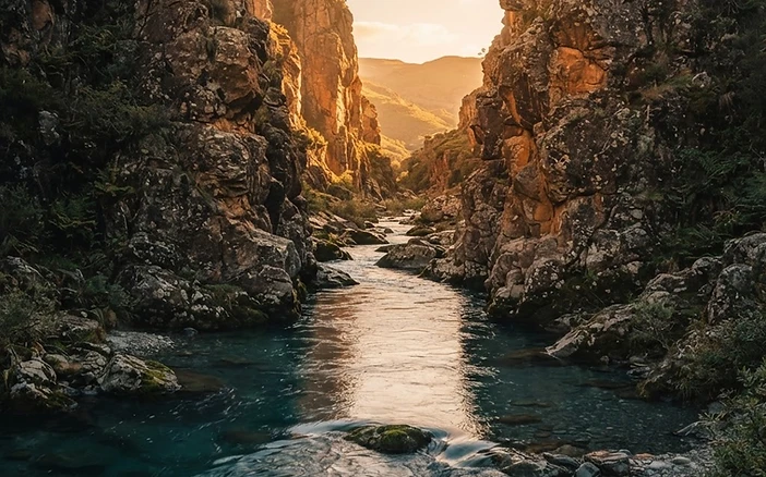 A river carving a clear path through a rocky gorge at golden hour