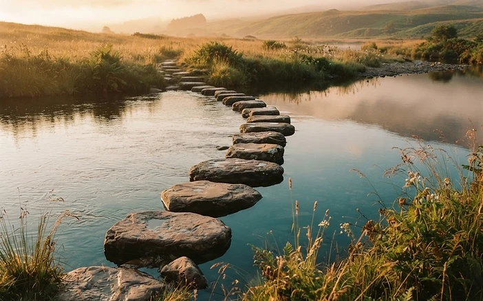 Stepping stones leading across a calm river at golden hour