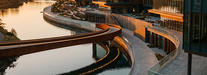 A waterfront promenade at golden hour, a curved bridge over a calm river