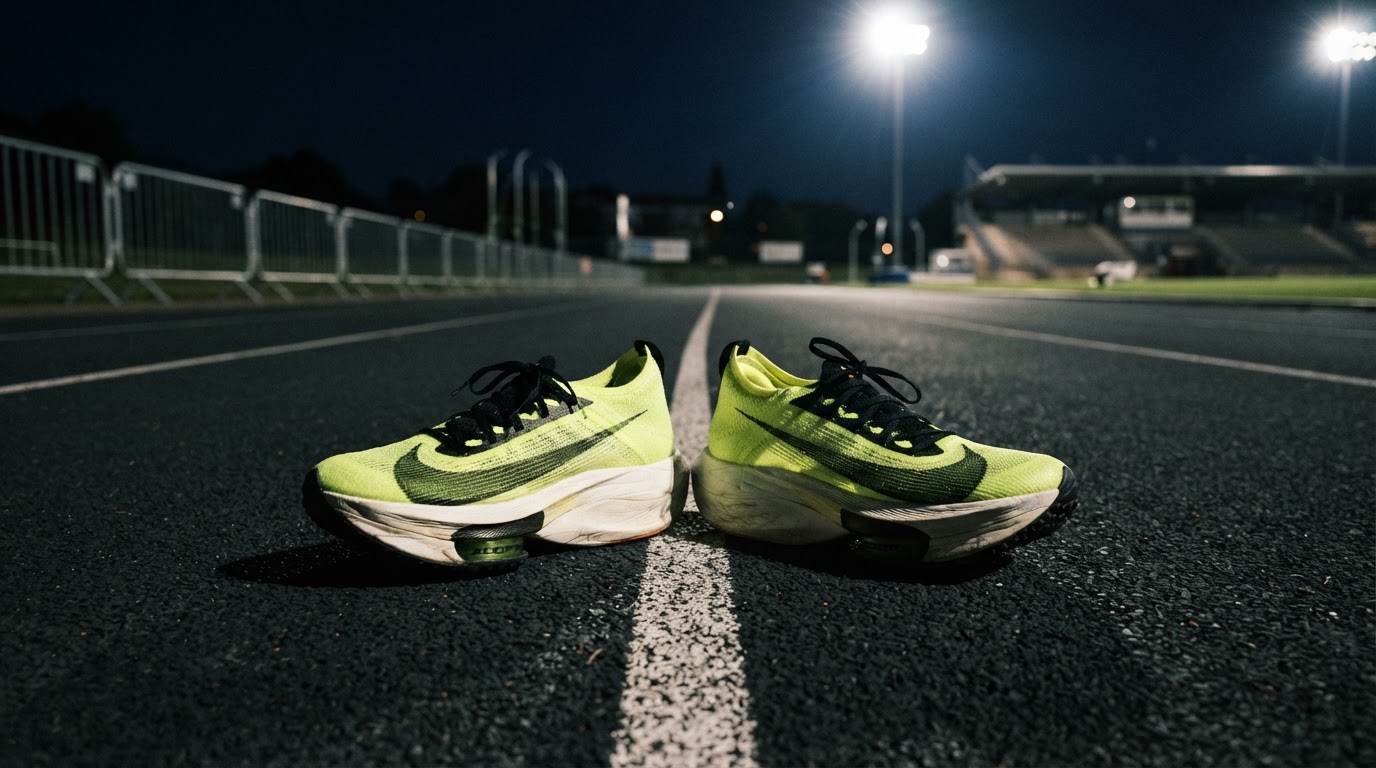 Two racing shoes on a track at night