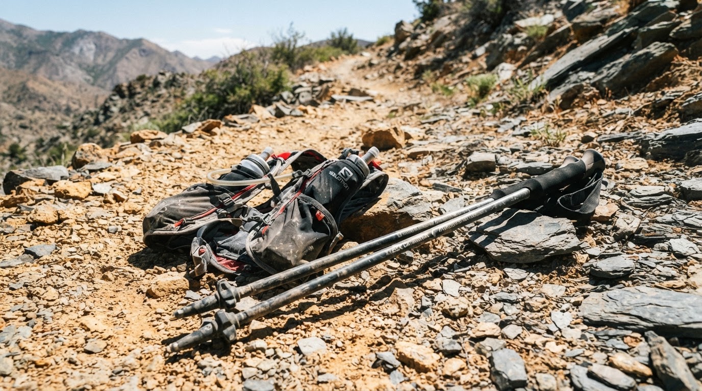Hydration vest and trail poles on rocky ground