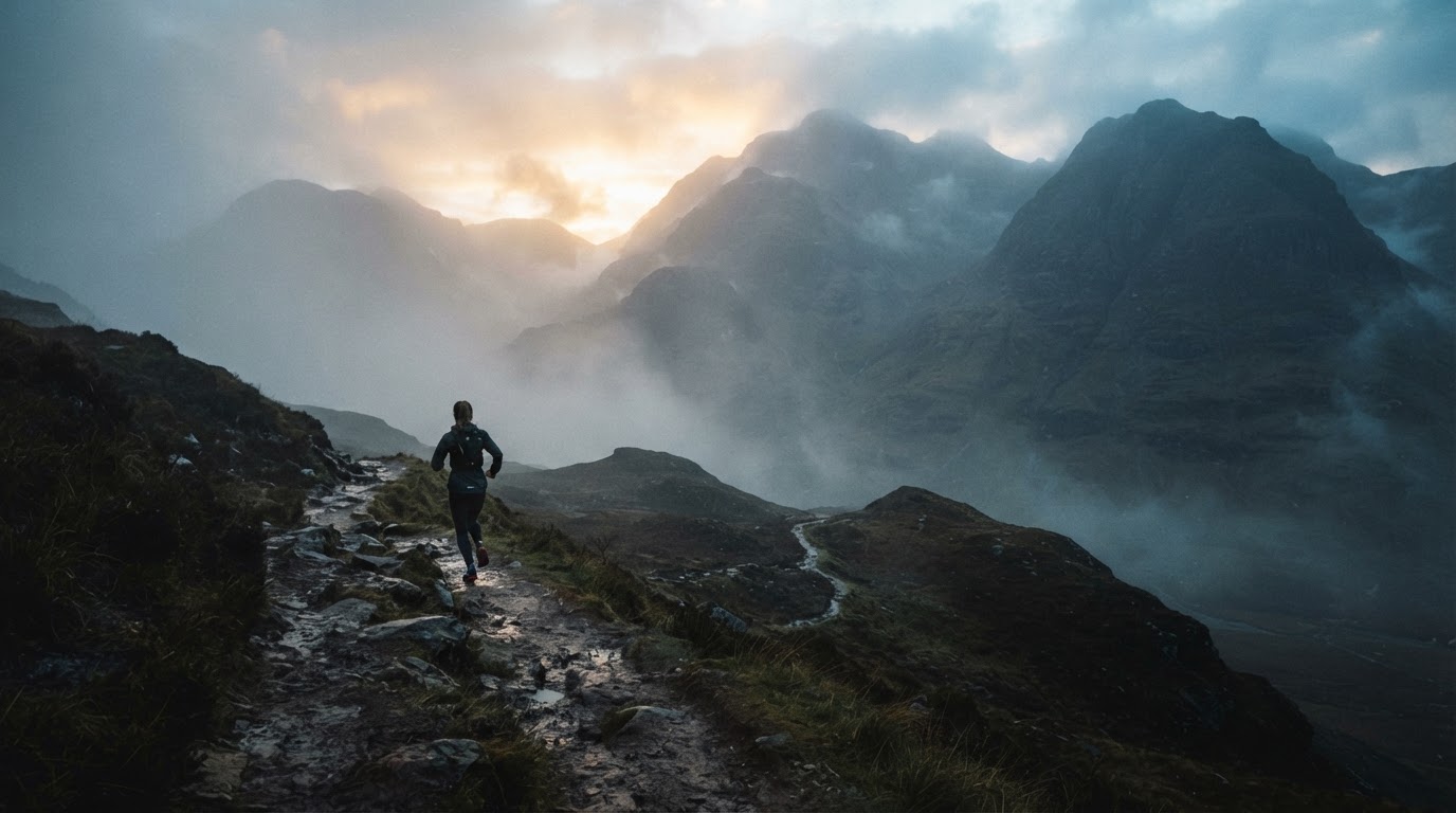 Runner on a foggy mountain trail at sunrise