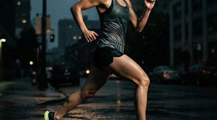 Runner mid-stride on wet asphalt at dawn