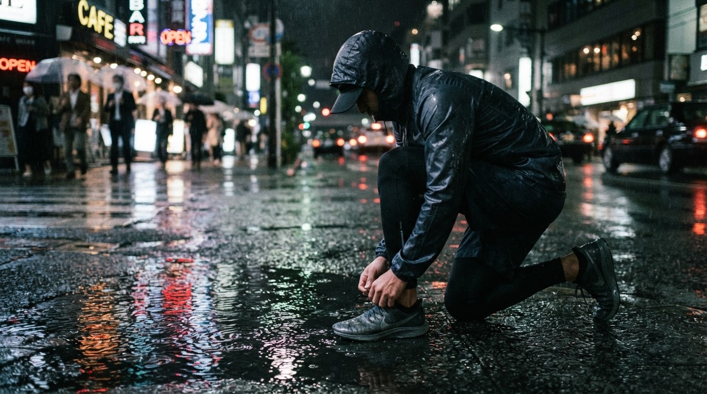 Runner tying a shoe on a rainy night street