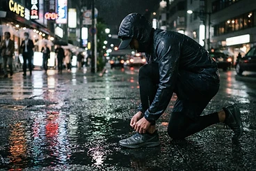 Runner tying a shoe on a rainy night street