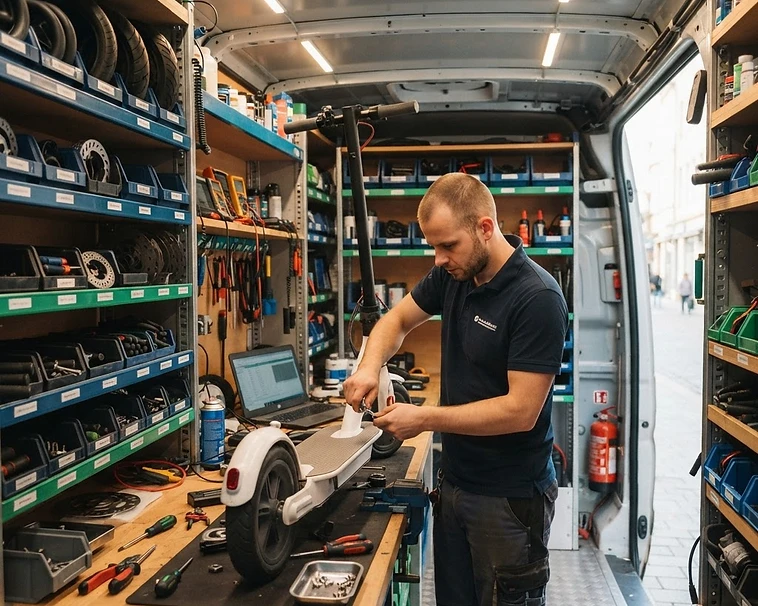 Technicien Atelier Trottinette réparant une trottinette à l'intérieur du camion-atelier mobile — étagères de pièces et outillage