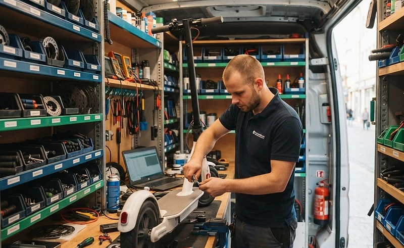 Intérieur du camion-atelier Atelier Trottinette : outillage et pièces pour le SAV de flottes de trottinettes électriques
