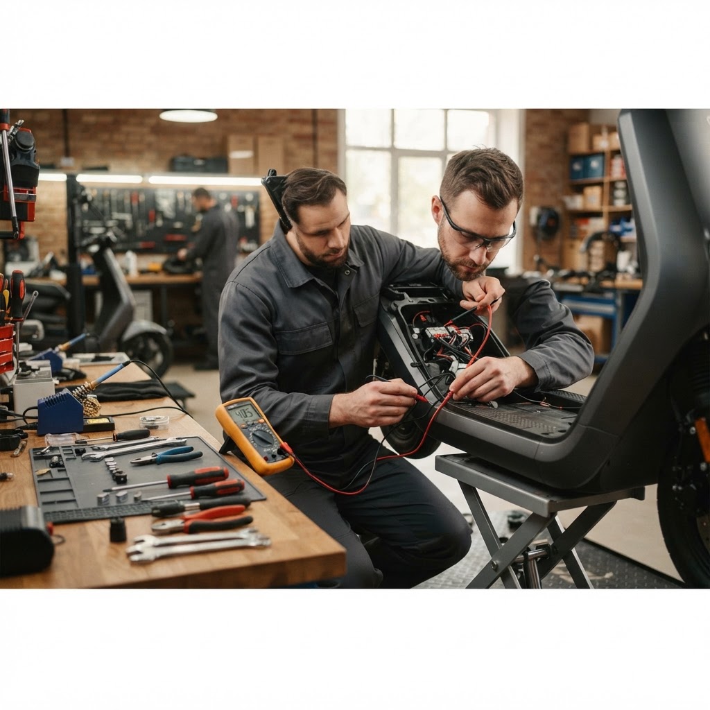 Technicien Atelier Trottinette réparant une trottinette électrique dans son atelier