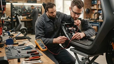 Technicien contrôlant une trottinette d'occasion avant l'achat — Atelier Trottinette