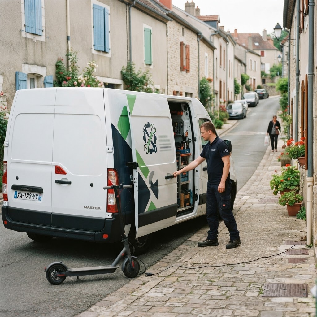 Camion-atelier Atelier Trottinette se déplaçant pour une réparation de trottinette à domicile en Gironde