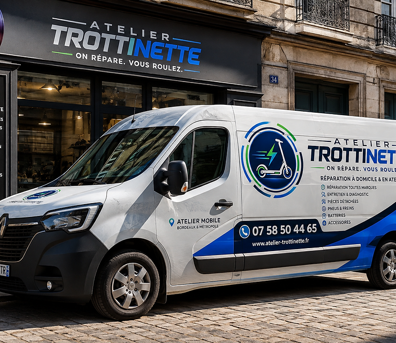 Camion-atelier Atelier Trottinette avec flocage de la marque — véhicule mobile de réparation de trottinettes électriques en Gironde