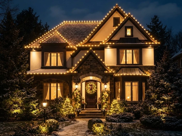 Elegant home with warm white holiday roofline lights and a lit wreath