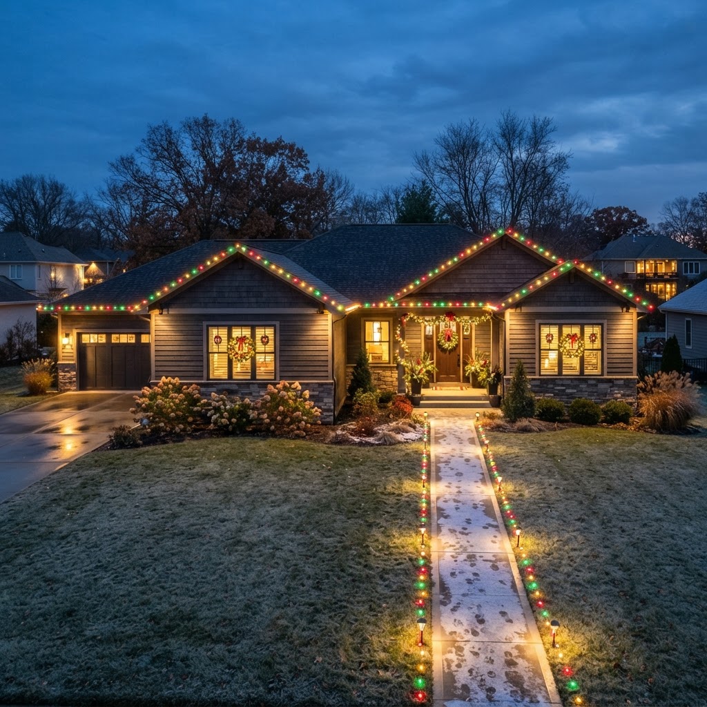 Festive Multicolor Ranch, multicolor holiday lighting installation by Brilliance Lighting