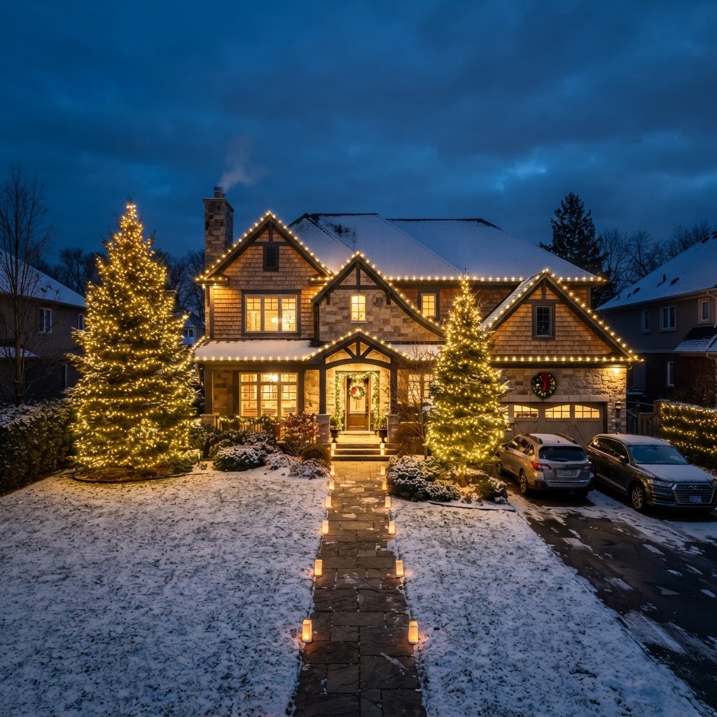Warm-White Estate, roofline trees holiday lighting installation by Brilliance Lighting