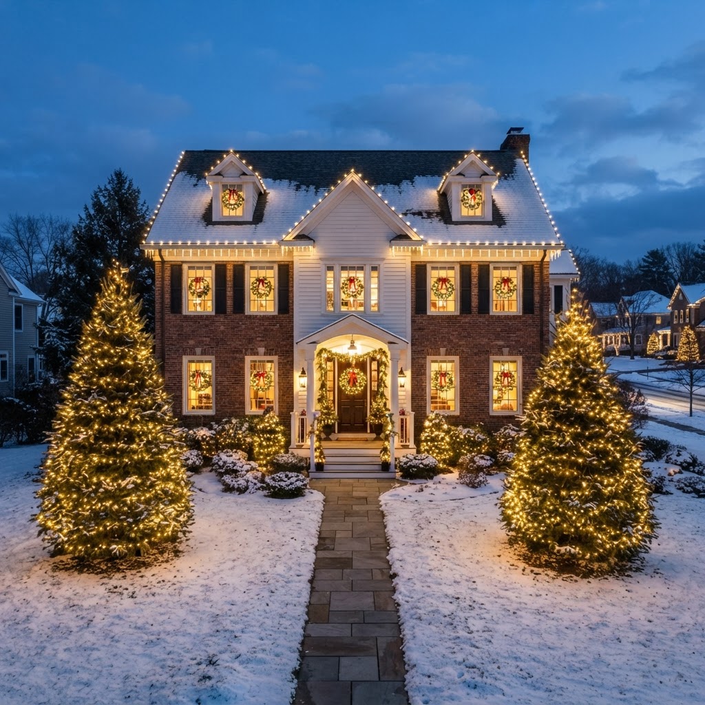 Colonial Warm-White Showcase, classic warm white holiday lighting installation by Brilliance Lighting