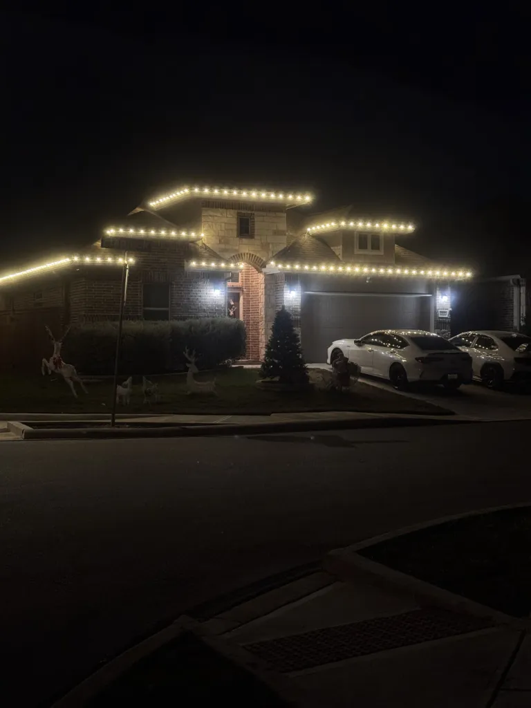 Warm White Two Story Multi Roofline, roofline trees holiday lighting installation by Brilliance Lighting