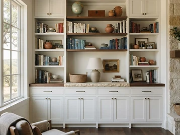 Full wall of beautifully finished built-in cabinetry and bookshelves with aged-brass hardware in a warm Texas Hill Country home