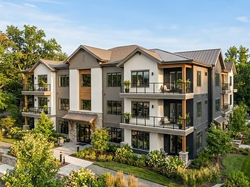 Multifamily property with finished siding, trim, balconies and metal railings