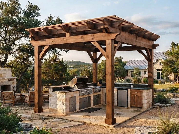 Digital Charwood semi-solid stain visualization on a timber pergola over a Texas Hill Country outdoor kitchen