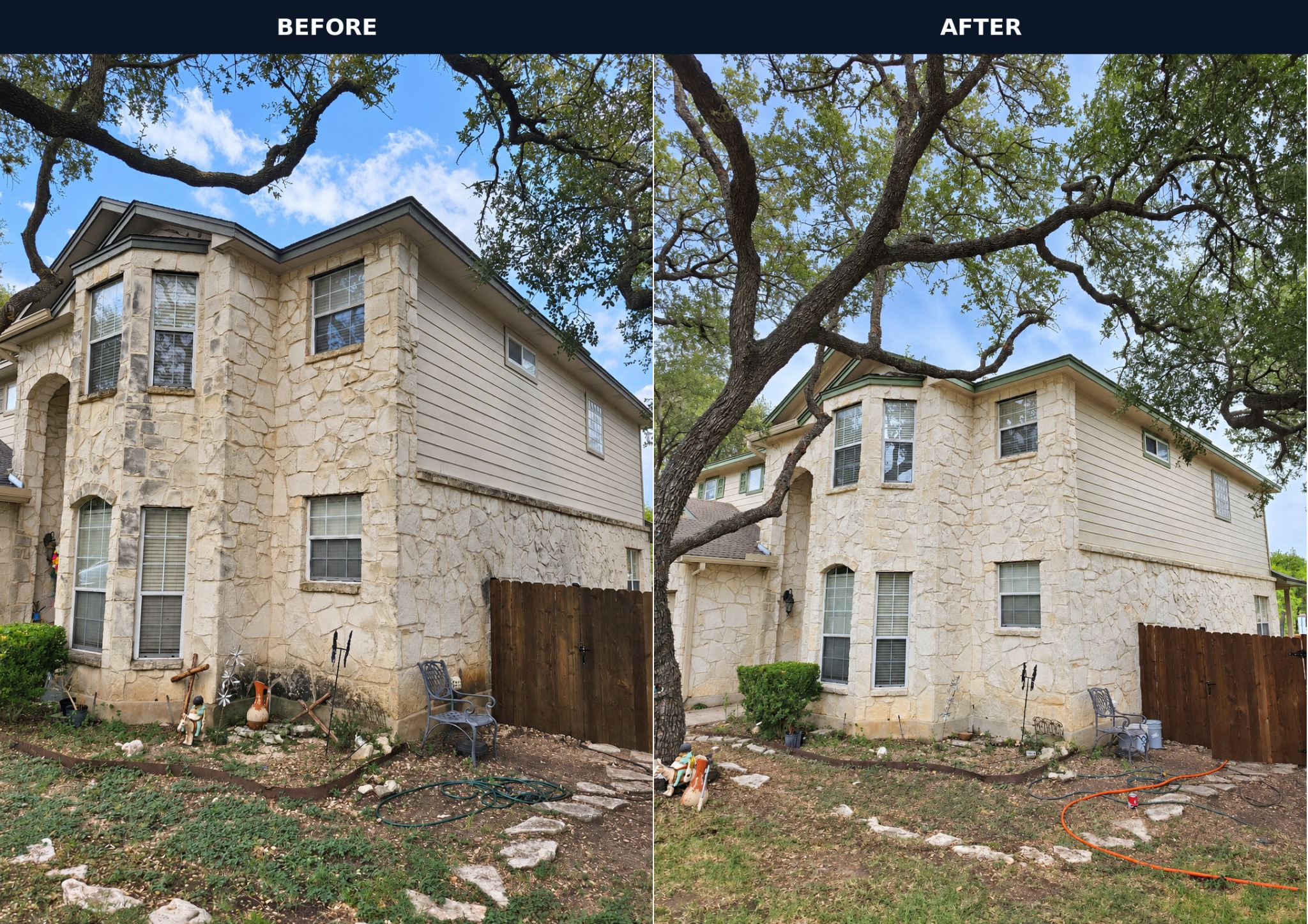 Before-and-after view of the siding, stone, and green trim on a Boerne home.