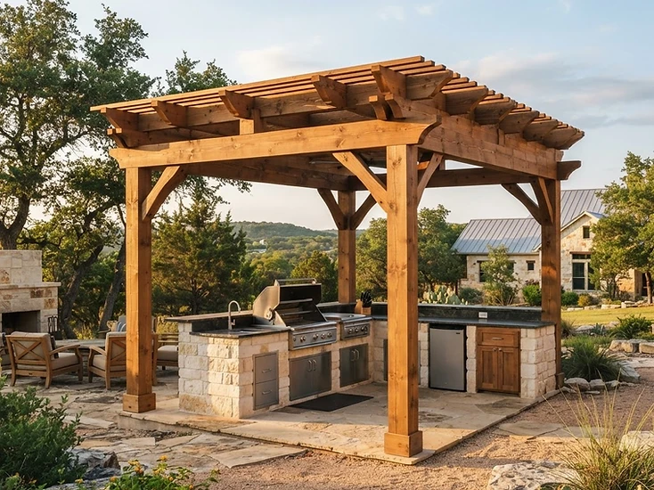 Large stained timber pergola covering a Texas Hill Country outdoor kitchen with a built-in stone barbecue