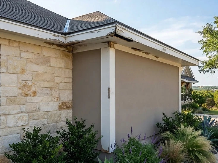Deteriorated exterior fascia and trim with peeling paint, cracked wood and an open joint