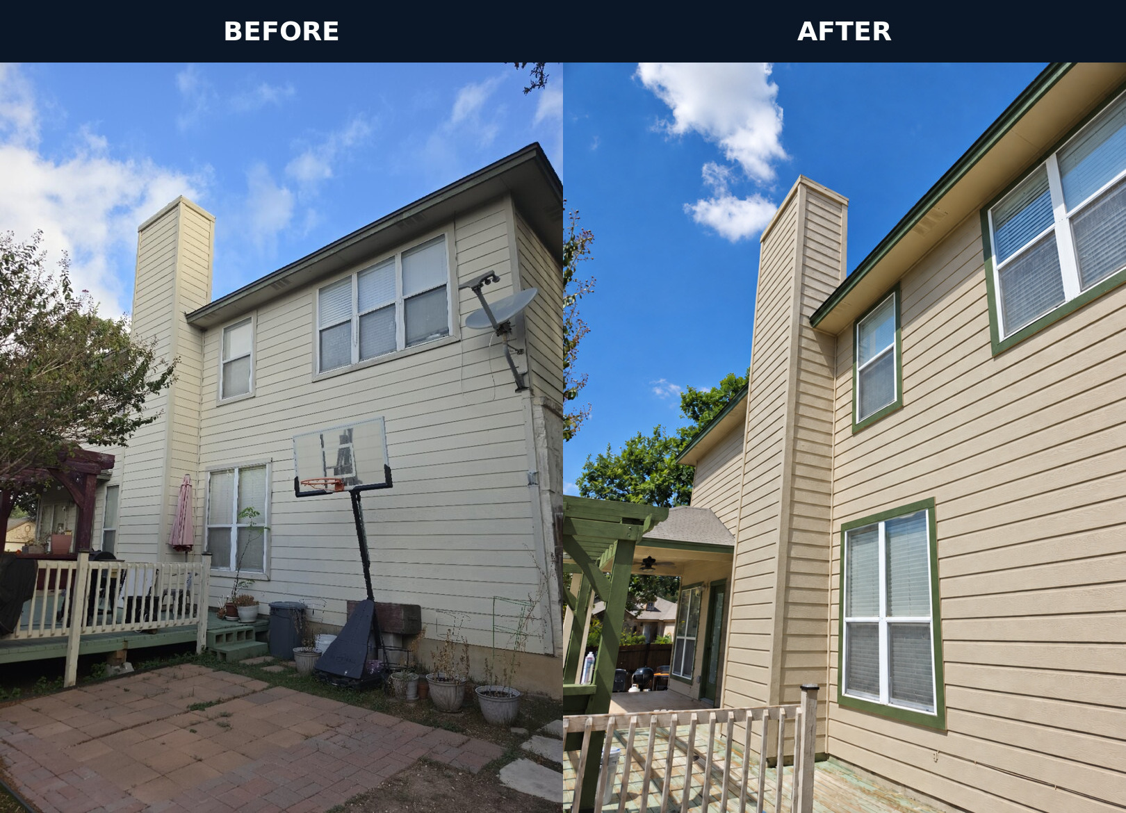 Before-and-after view of the backyard siding and trim on a Boerne home.