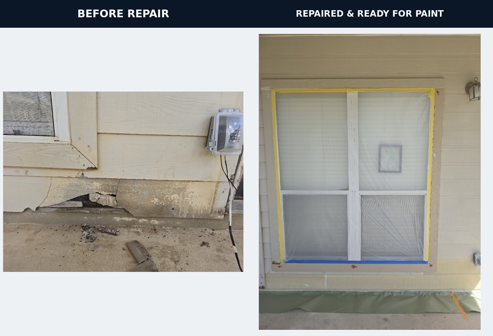 Damaged siding below a window before repair and the repaired area protected and ready for paint.