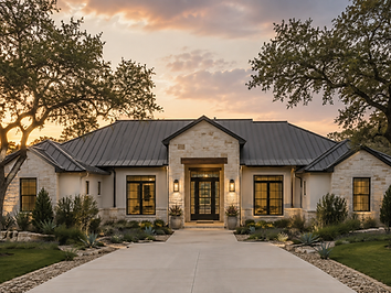 Texas Hill Country custom home with cream limestone, warm white stucco and a dark standing-seam metal roof