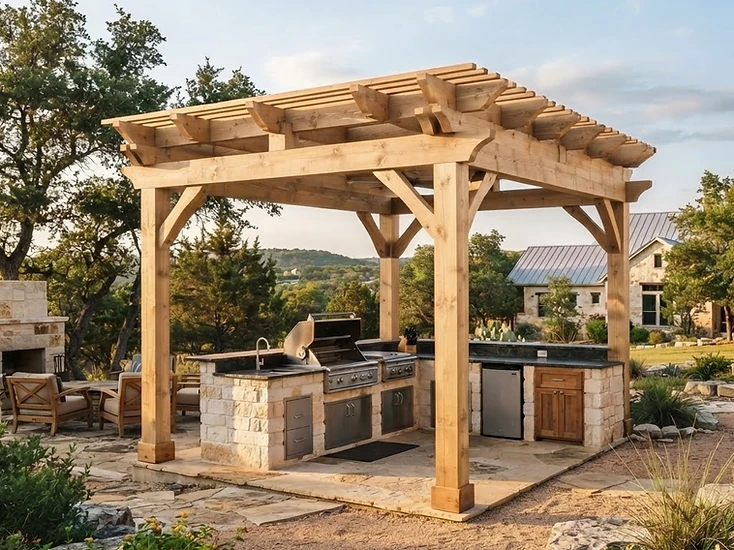 Natural unstained timber pergola over a Texas Hill Country outdoor kitchen