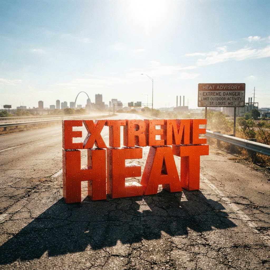 Weather title card: Missouri Weather: 99° Heat Trend for Labor Day Weekend in St. Louis