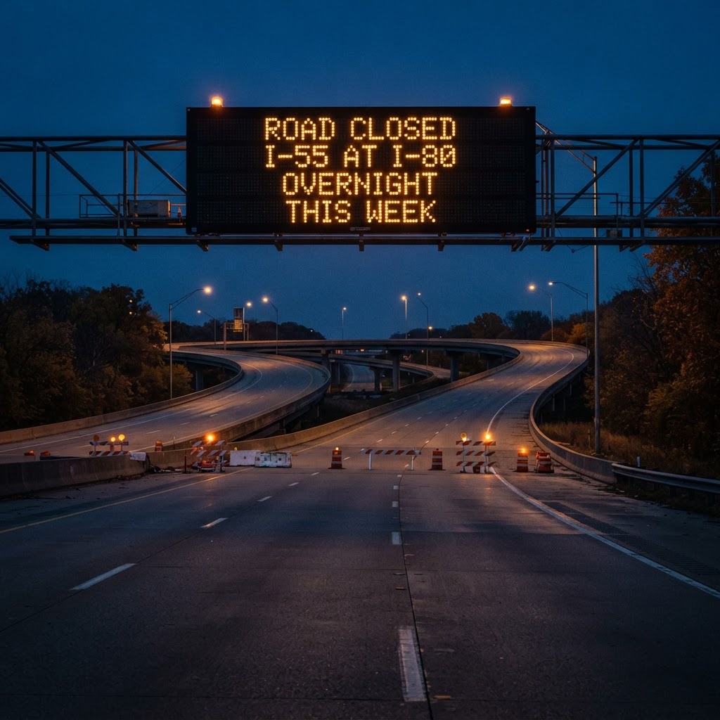 Abstract editorial illustration for: IL Closed: I-55 at I-80 Interchange Overnight This Week