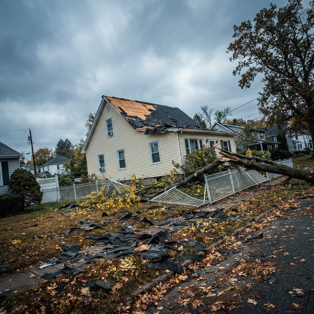 Abstract editorial illustration for: Webster and Ontario Hit by EF-1 Tornado Reaching 105 mph Winds
