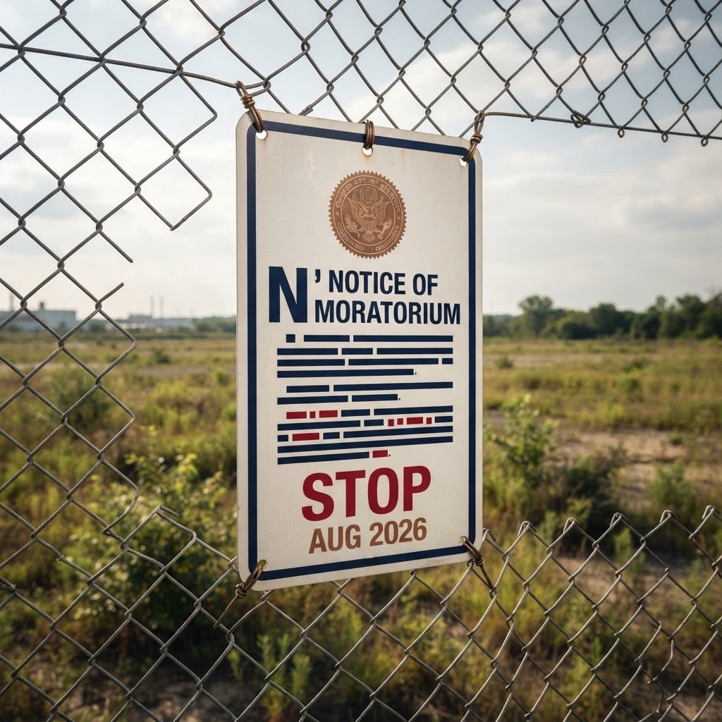 Abstract editorial illustration for: Lake County, IL Proposes 8-Month Data Center Moratorium