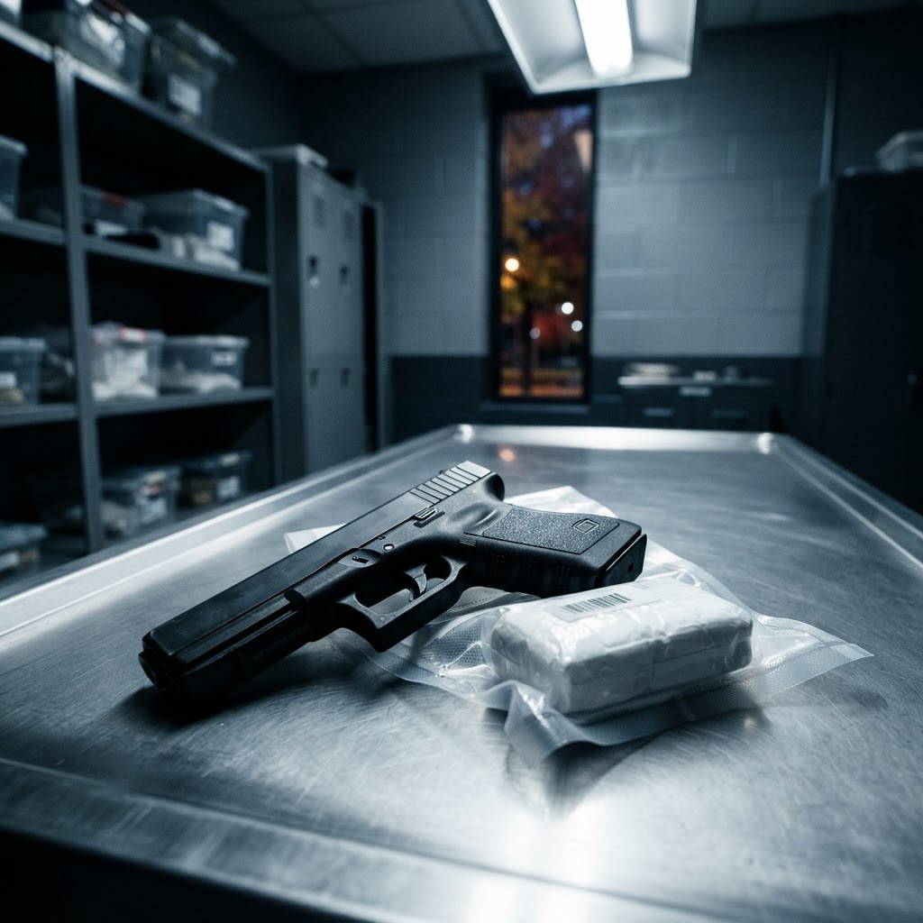 Abstract editorial illustration for: Buffalo Crime: Two Charged Following Large Narcotics and Weapon Seizure