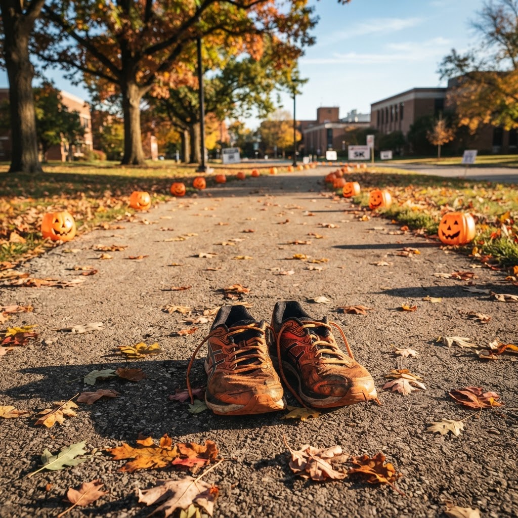 Abstract editorial illustration for: Palos Hills: Moraine Valley Hosts Halloween 5K on October 31