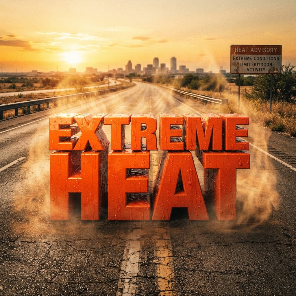 Weather title card: Texas Weather: 100-Degree Heat Hits I-35 for Labor Day Weekend in Fort Worth