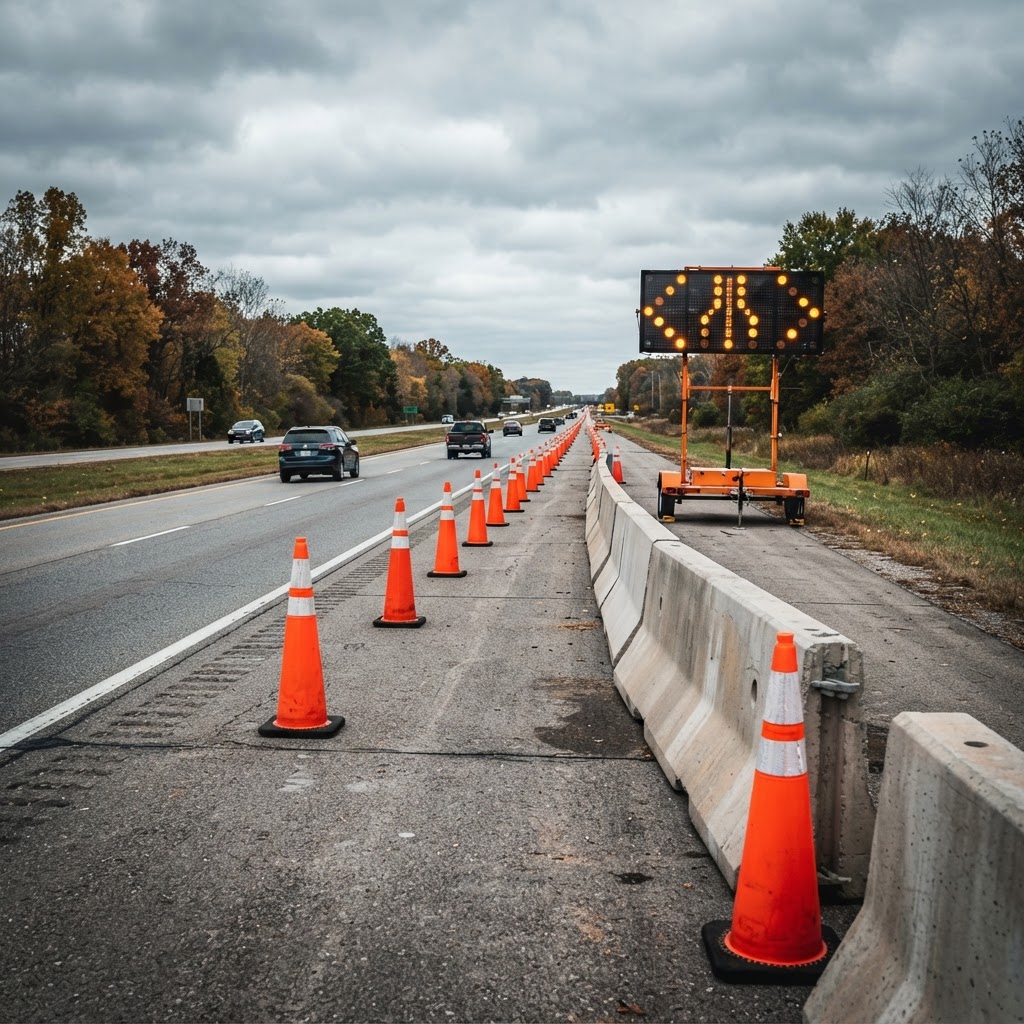 Abstract editorial illustration for: Plymouth: U.S. 30 Bridge Construction Starts September 8