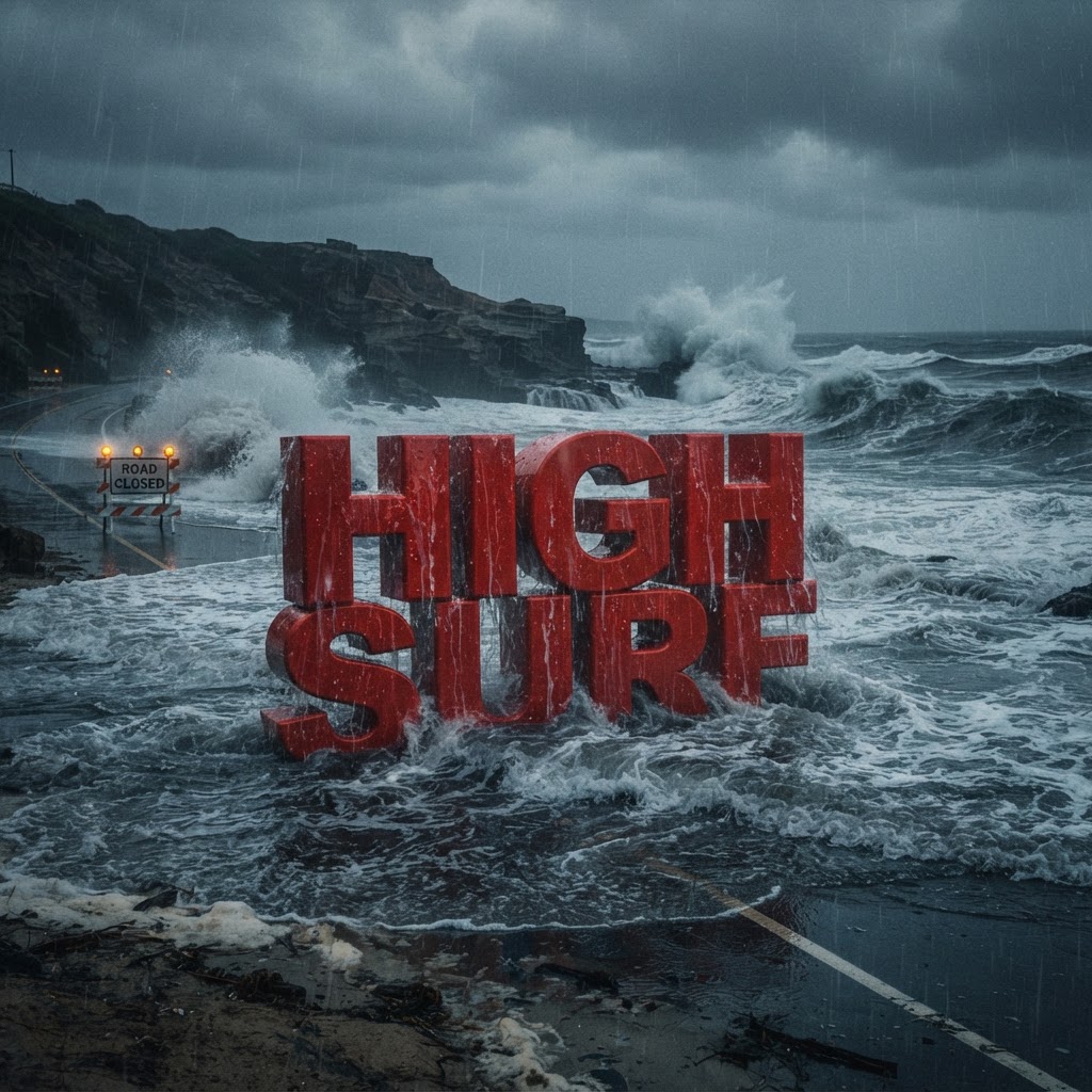 Weather title card: San Diego, CA Weather: Coastal High Surf Alert Through Tuesday Sept. 8