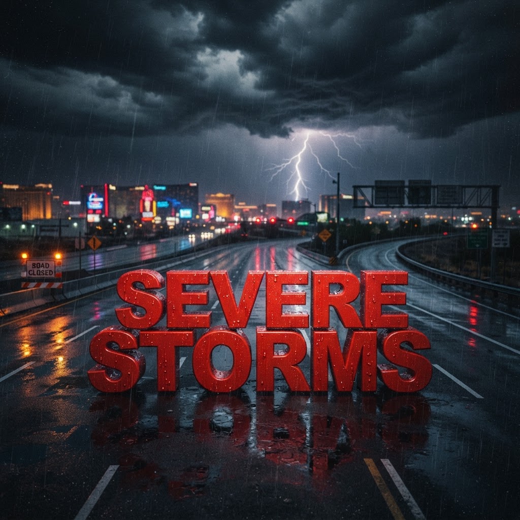 Weather title card: Nevada Weather: Weekend Cool-Down and Storms Alert in Las Vegas