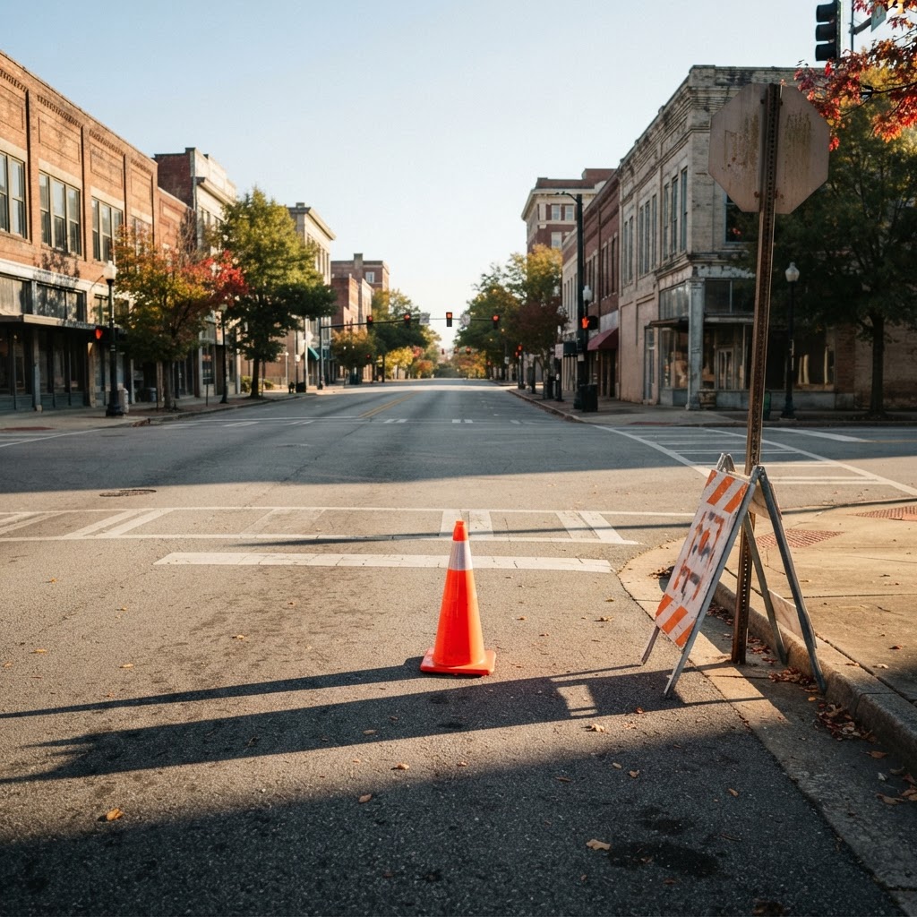 Abstract editorial illustration for: Macon Road Closures Set for September 7 Labor Day Race
