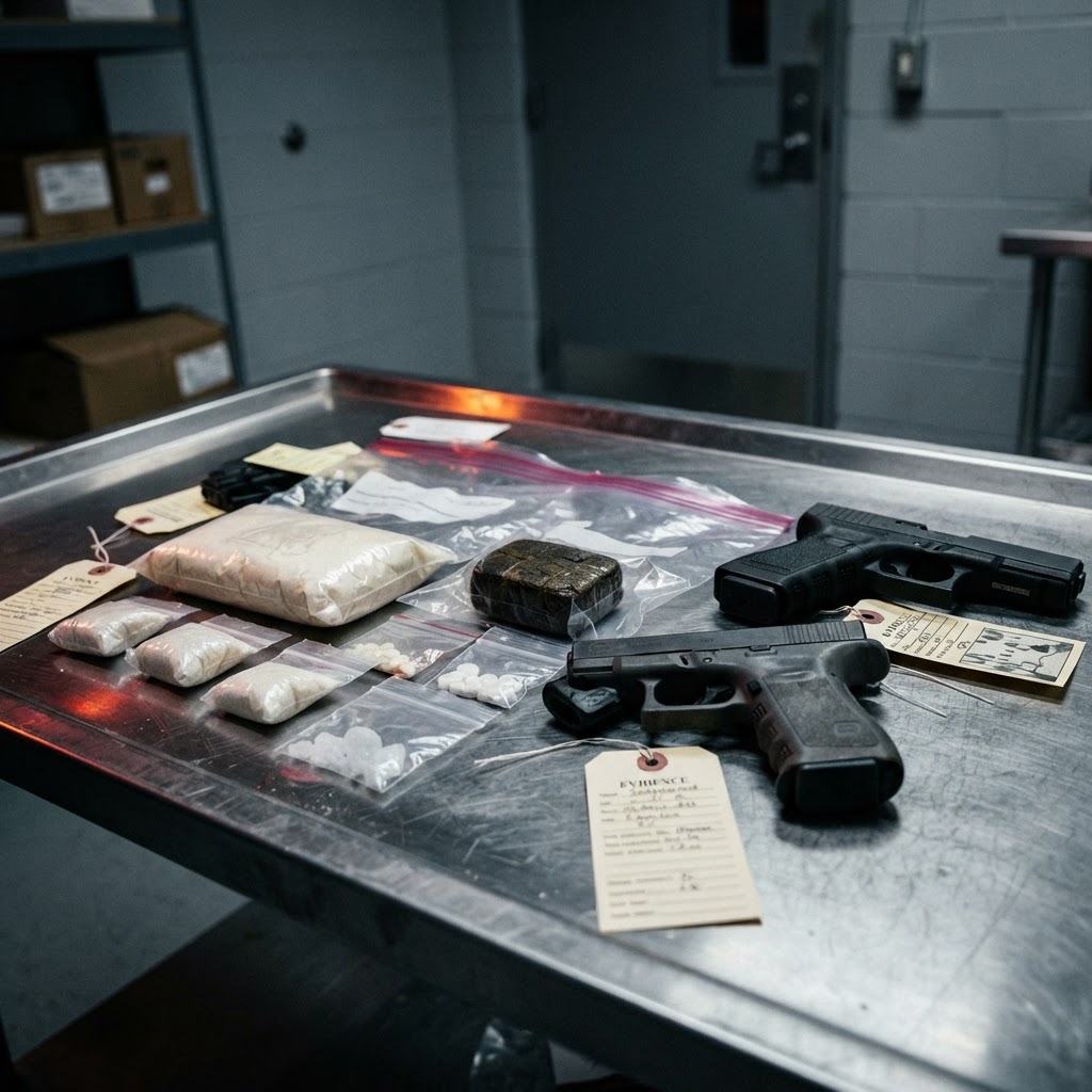 Abstract editorial illustration for: Augusta Traffic Stop Leads to Major Drug and Weapon Seizure
