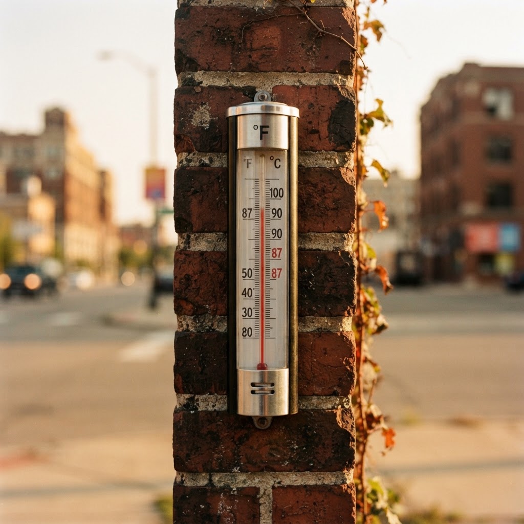 Abstract editorial illustration for: Detroit, MI Weather: 87° Heat Spike Arrives for Mid-Week in Southeast Michigan